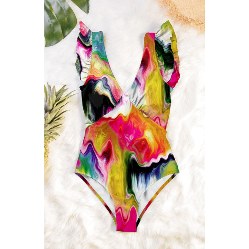 NEW! Averie Shanaya Plunge One Piece Swimsuit Size Medium Abstract Multicolor